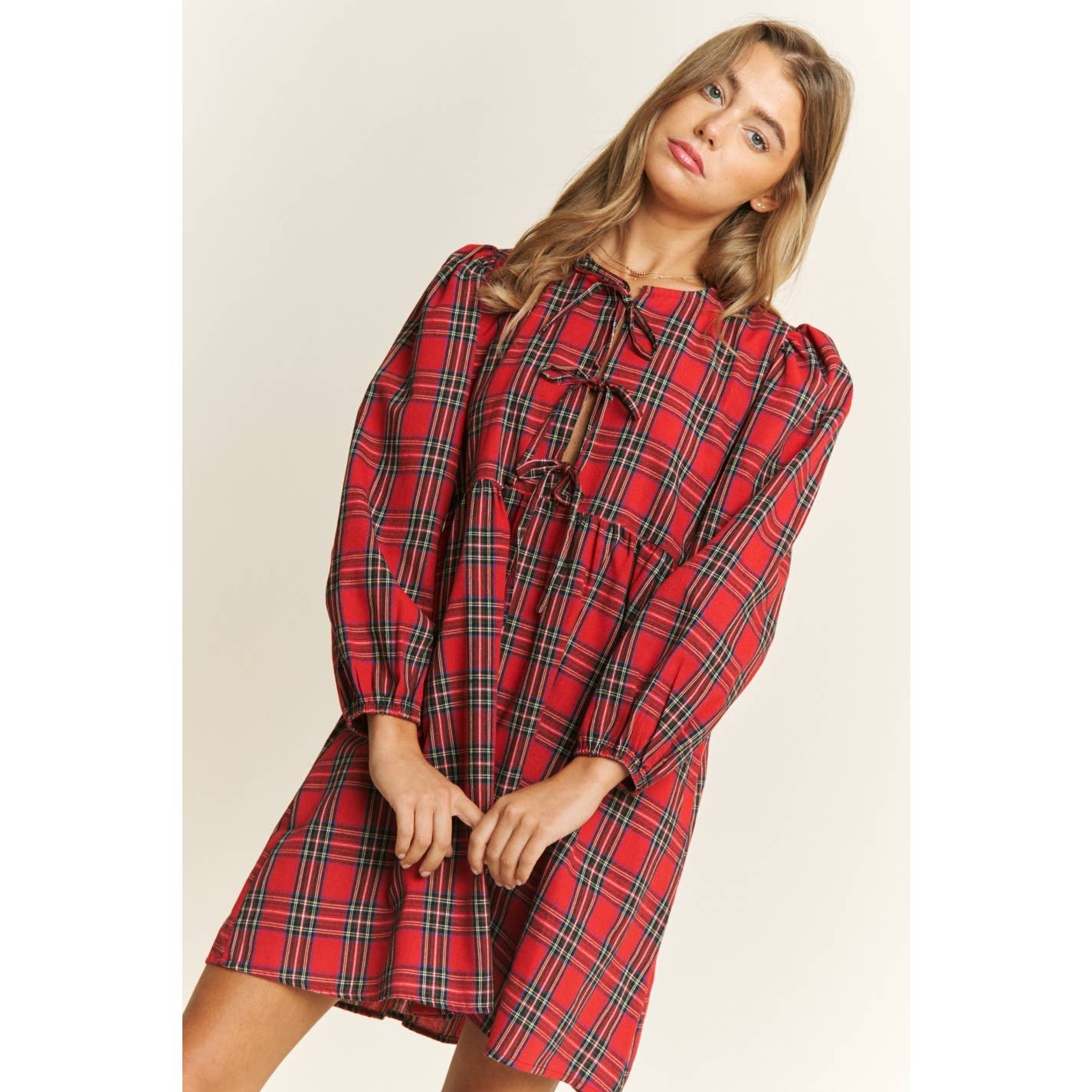 SOFT PLAID WOVEN FABRIC BABYDOLL BOW MINI DRESS