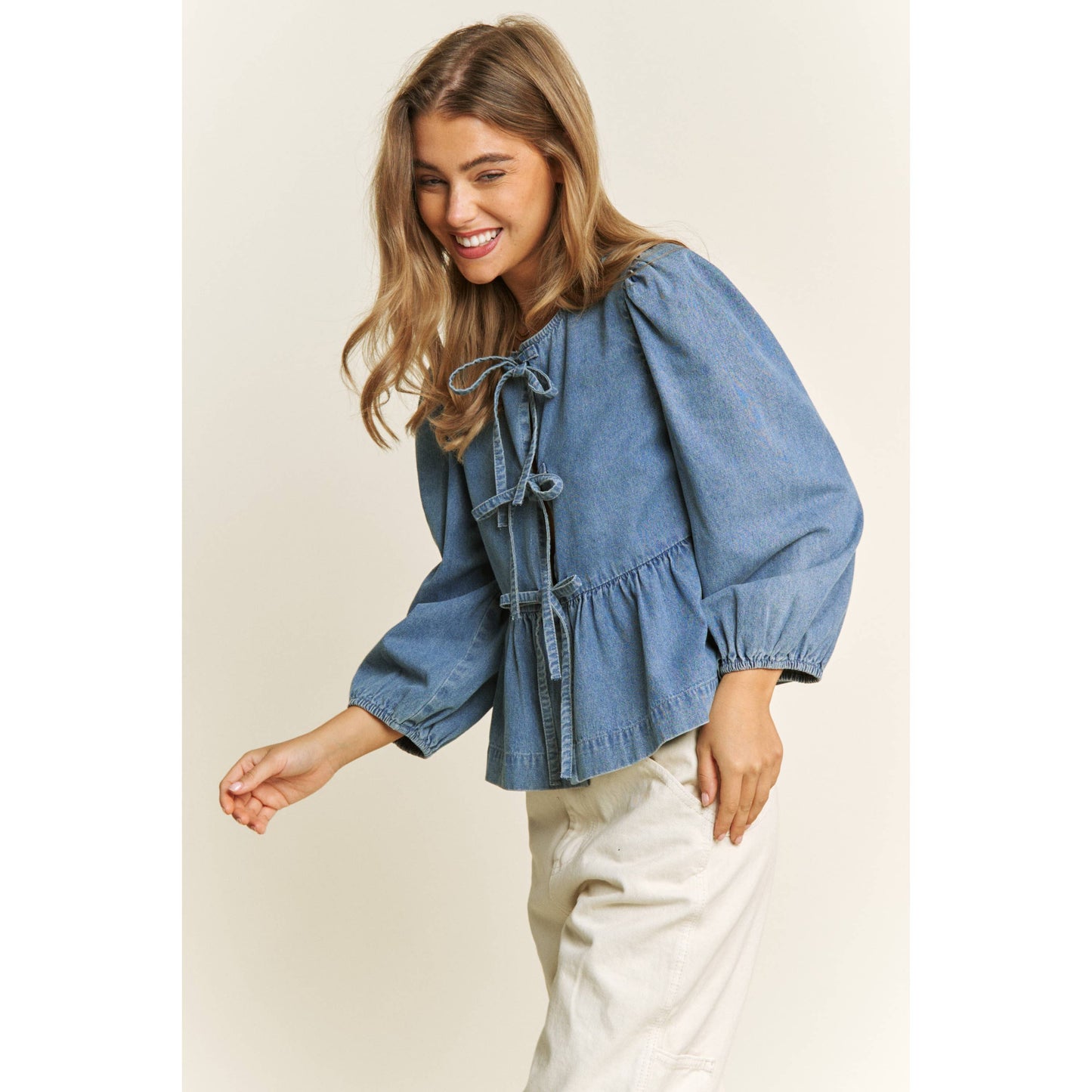 DENIM WASH OPEN FRONT LONG SLEEVE BABYDOLL TOP BLOUSE WITH B