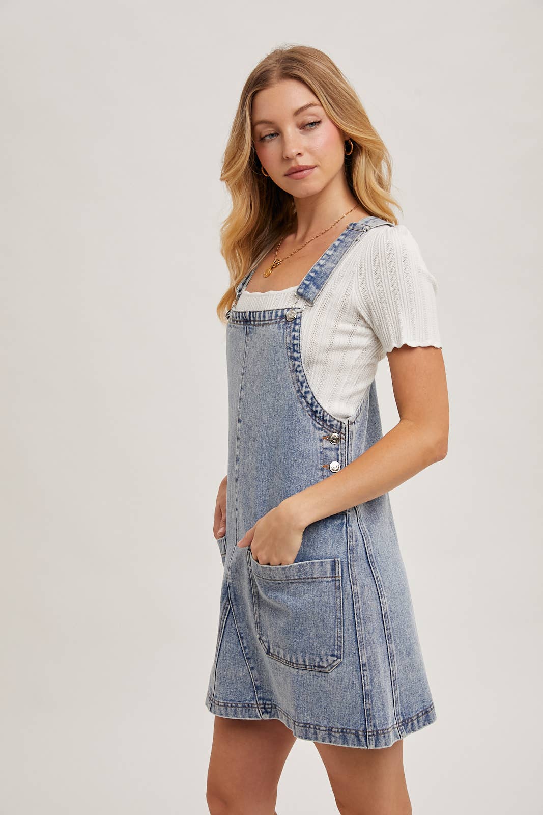 DENIM OVERALL MINI DRESS WITH POCKETS