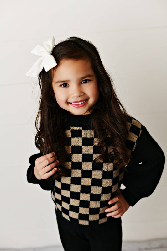 Kids Black Brown Checkered Crew Neck Fall Winter Sweater: 10/12