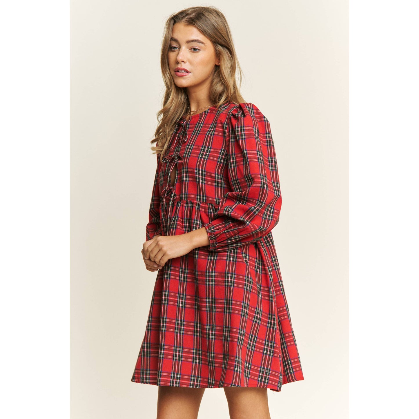 SOFT PLAID WOVEN FABRIC BABYDOLL BOW MINI DRESS