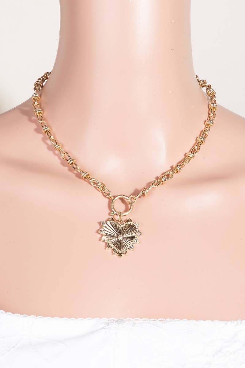 Single Stud Engraved Heart Pendant Chain Necklace