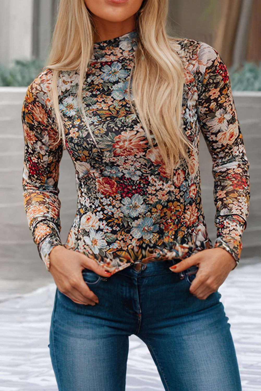 LDC  Floral Long Sleeve High Neck Sheath Mesh Blouse